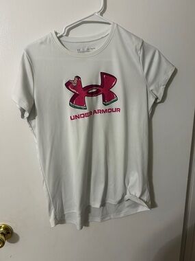 Under Armour White Tee with Watermelon Pink Logo